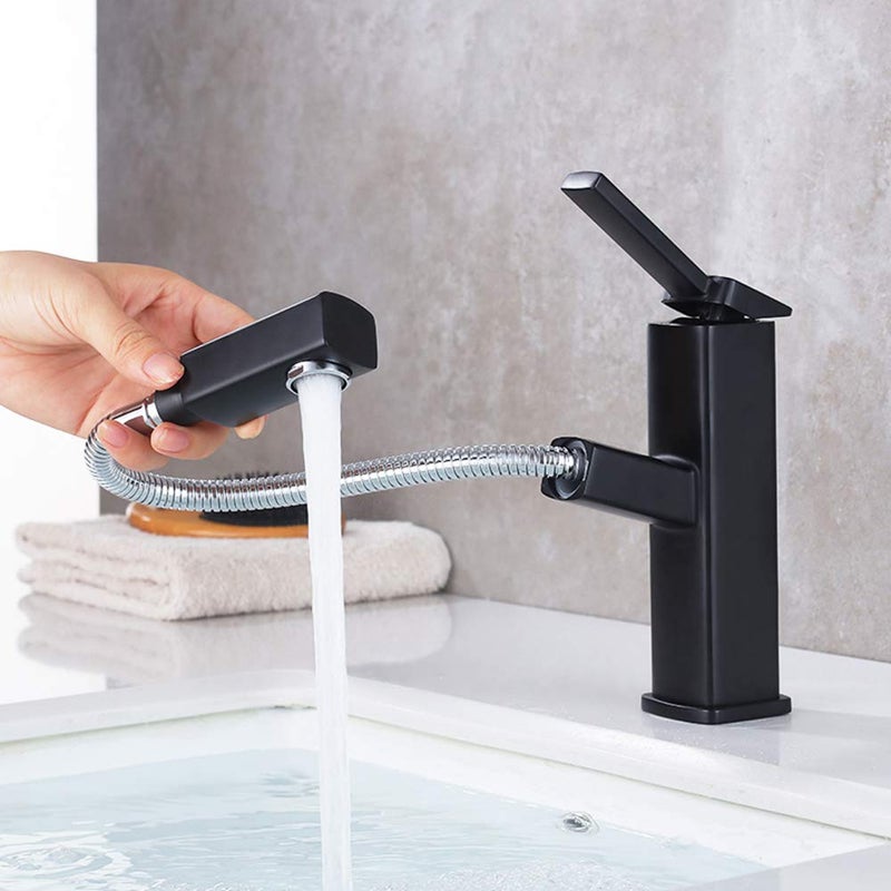 KAIYING Bathroom Sink Faucet with Pull Out Sprayer, Single Handle Basin Mixer Tap for Hot and Cold Water, Lavatory Pull Down Sink Faucet with Rotating Spout (Regular, Black) - Image 1